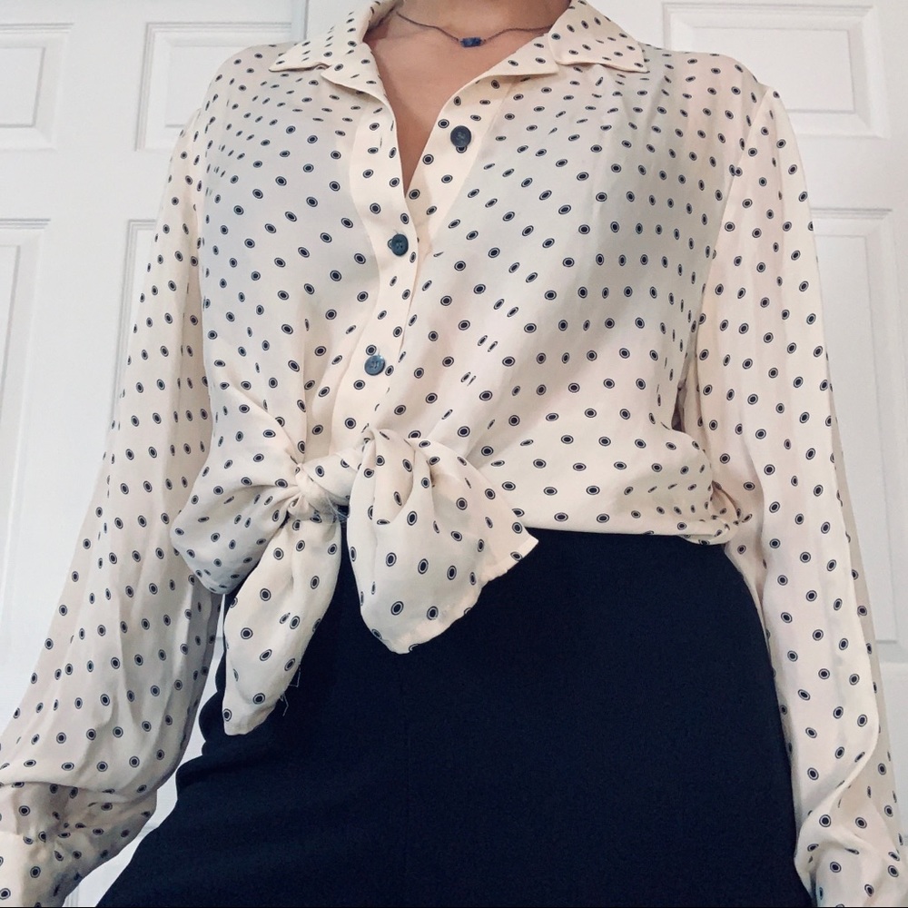 Creme and black silk button down blouse